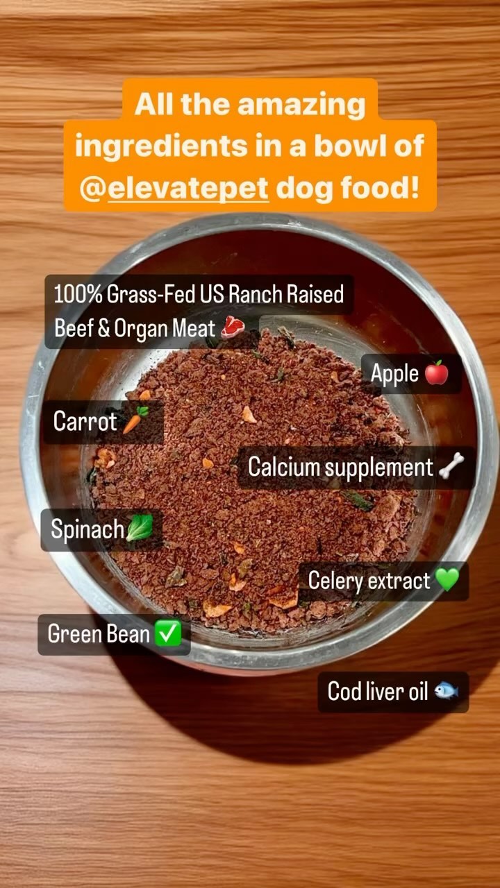 All the amazing ingredients in a bowl of @elevatepet dog food!