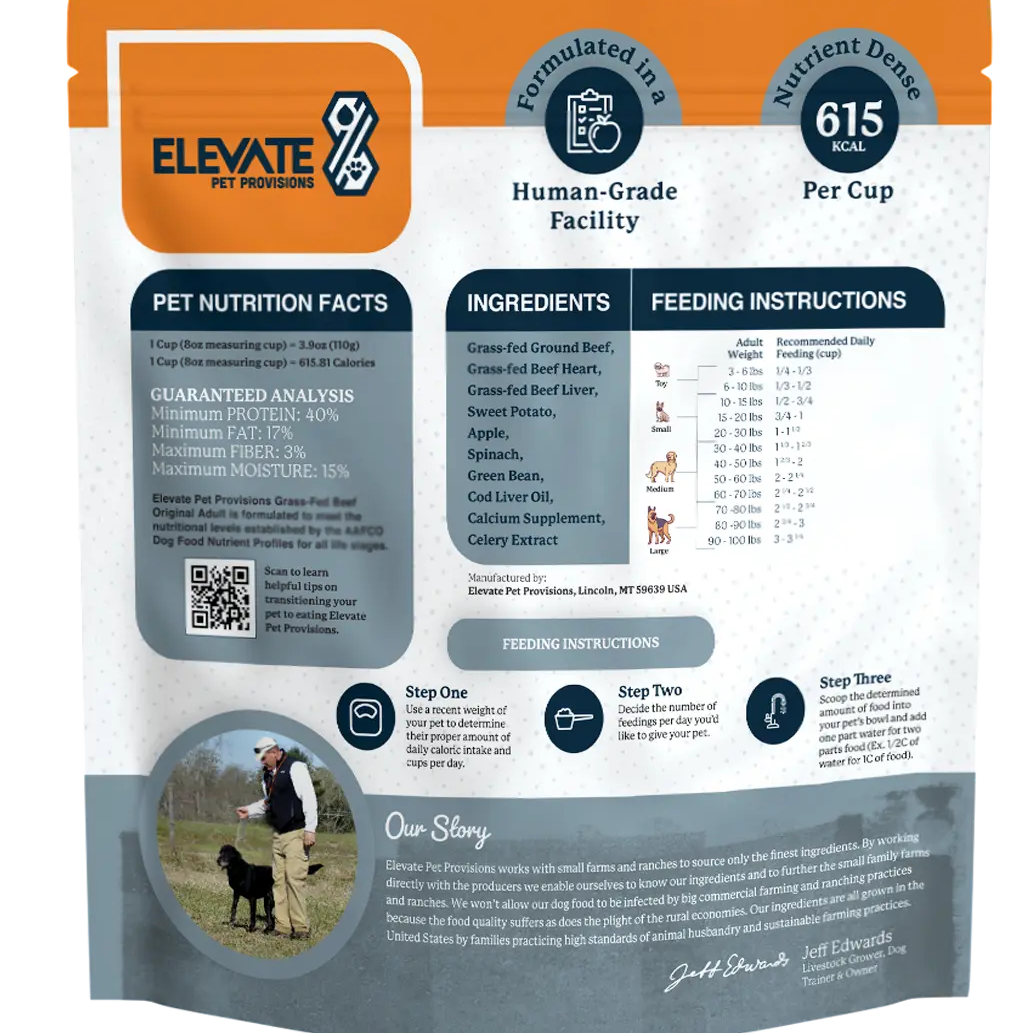 Elevate Pet Provisions - Formulated in a human-grade facility - nutrient dense 615KCAL per cup