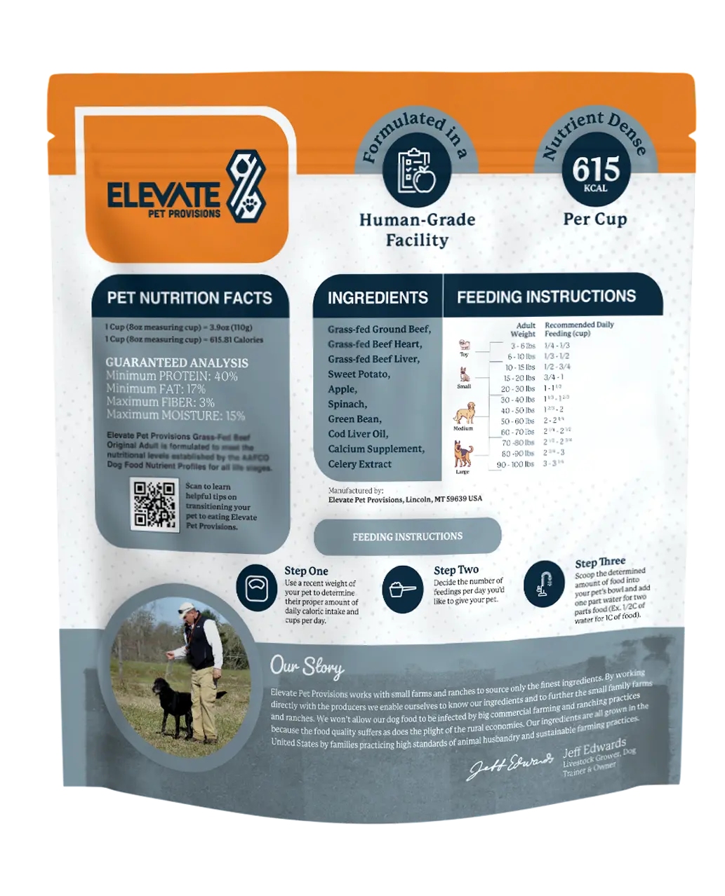 Elevate Pet Provisions - Formulated in a human-grade facility - nutrient dense 615KCAL per cup